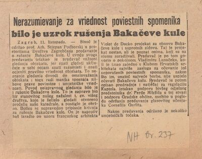 Nerazumievanje za vriednost poviestnih spomenika bilo je uzrok rušenja Bakačeve kule