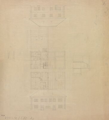 Osnova za izvedbu obiteljskih kuća u nizu, 1. pročelja: 1. pročelje prema ulici, 2. pročelje prema vrtu; 2. tloctri: 1. tlocrt prizemlja, 2. tlocrt prvog kata