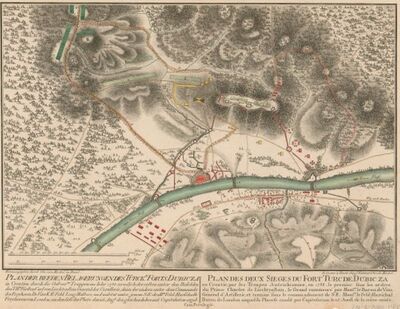Plan der beeden Belagerungen des Türck.n Forts Dubicza in Croatien durch die Oesterren Truppen im Jahr 1788...