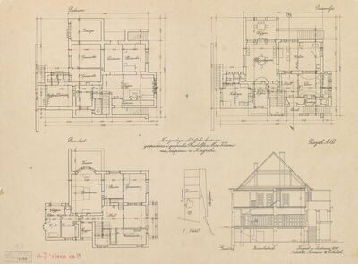 Vila Vrbanić, 1. tlocrti: podrum, prizemlje prvi kat, 2. presjek A-B, 3. položajni nacrt