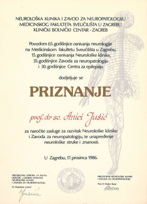 Povelja priznanja Neurološke klinike i Zavoda za neuropatologiju Medicinskog fakulteta Sveučilišta u Zagrebu i Kliničkog bolničkog centra Zagreb Anici Jušić