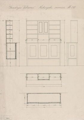 Vila Vrbanić, namještaj/kuhinjski ormar: 1. pogled, 2. presjek, 3. tlocrt