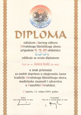 Diploma priznanja Hrvatskoga liječničkog zbora Anici Jušić