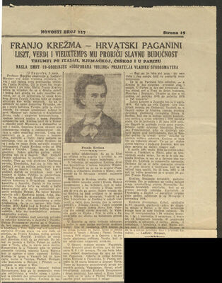 L. Miranov: Franjo Krežma - hrvatski Paganini. Novosti, 1940.