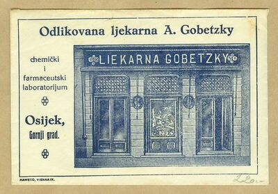 Kuverta, Ljekarna A. Gobetzky, chemički i farmaceutski laboratorijum, Osijek, Gornji grad