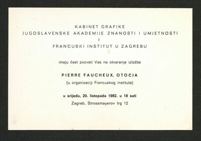 Pozivnica na otvorenje izložbe Pierre Faucheux, Otočja (u organizaciji Francuskog instituta)