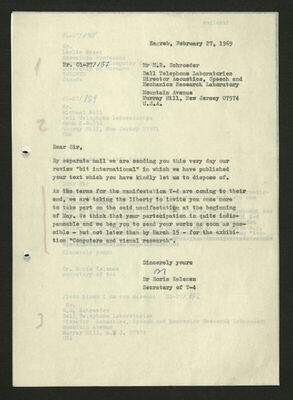 Pismo Boris Kelemen, za: M. R. Schroeder (Acoustics, Speech and Mechanics Research Laboratory, Bell Telephone Laboratories, New Jersey, SAD)