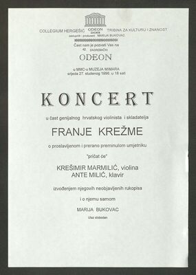 Koncert u čast genijalnog hrvatskog violinista i skladatelja Franje Krežme