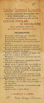 Programma del secondo gruppo delle mie conferenze nel 1909.Lezioni popolari di socialismo-Circolo Femminile Socialista = Pučka predavanjao socijalizmu -Ženski socijalistički klub, N = br. 3, Scrisse = Napisao