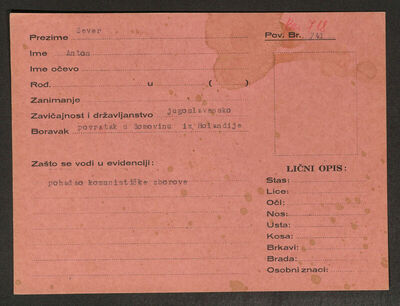 Sever, Antun. Policijski karton