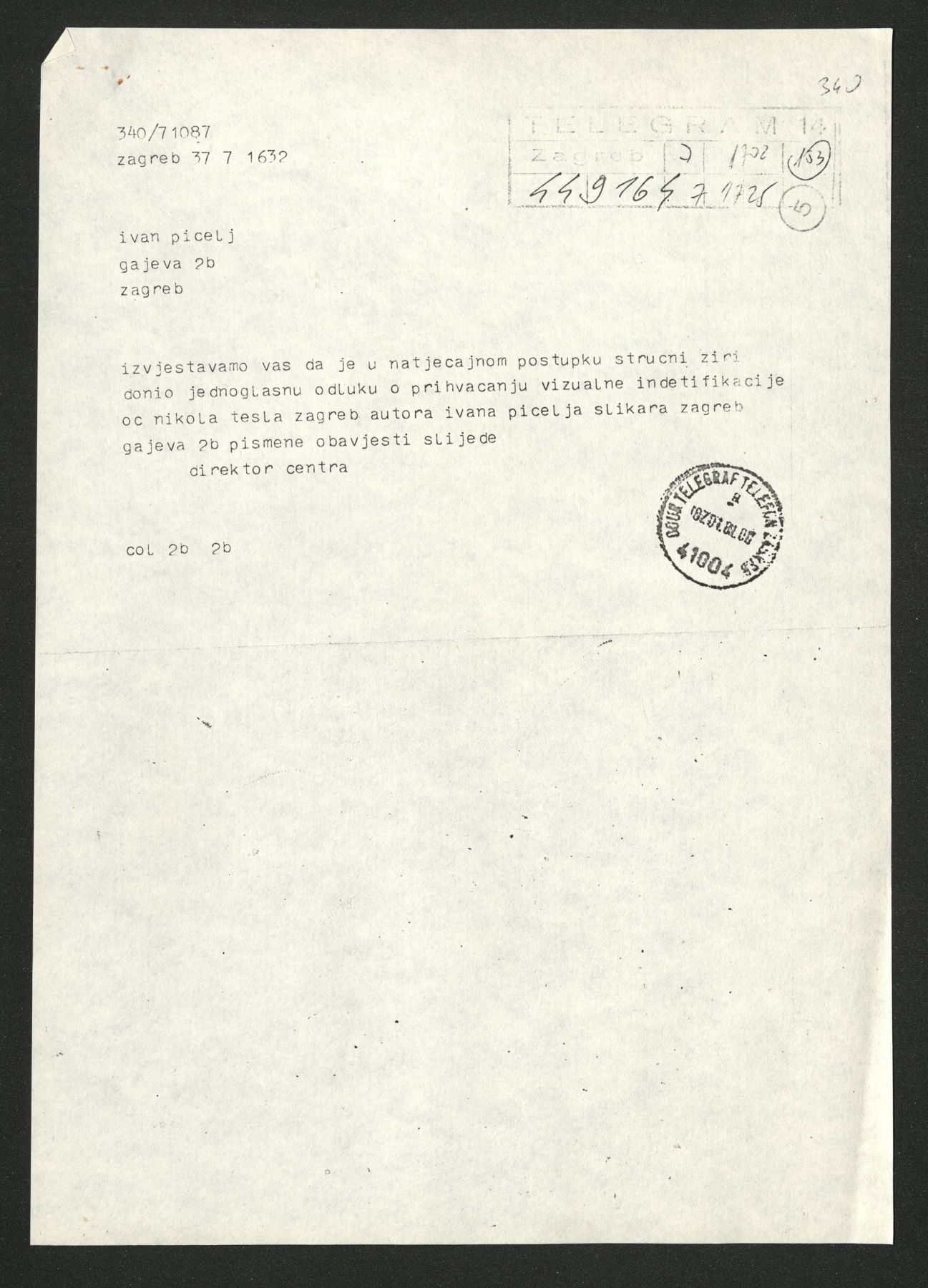 Telegram - Educational center 'Nikola Tesla'; for: Ivan Picelj